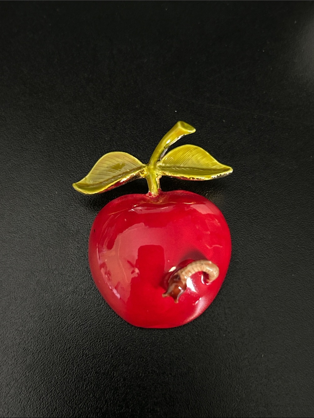 Vintage Red Enameled Apple with worm Original by  Robert-perfect teacher gift